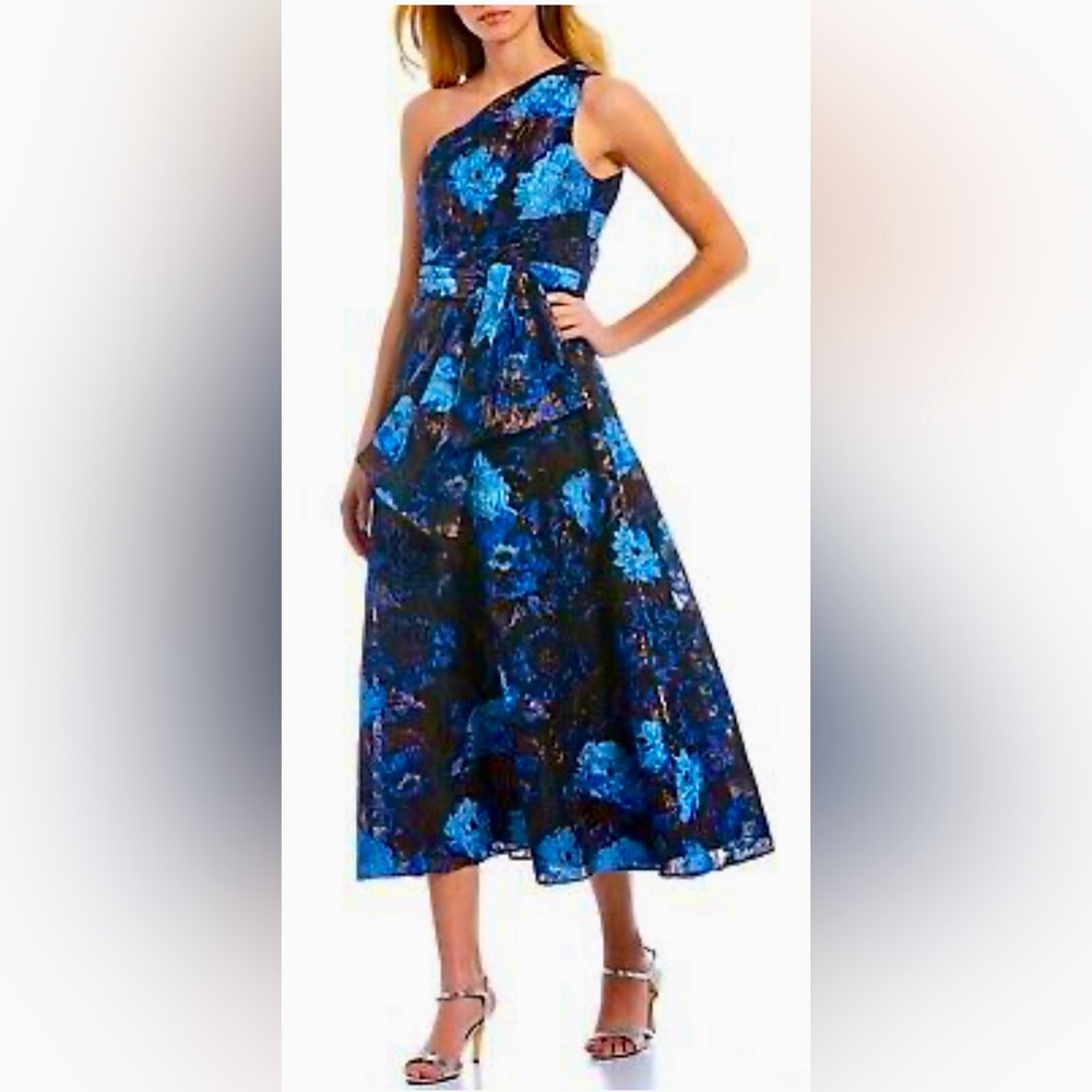 Aidan Mattox One Shoulder Bronze & Blue Floral Jacquard A-line Midi Dress